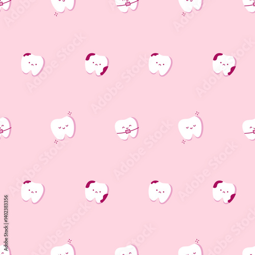 Seamless pattern with cute teeth characters for kid's dentistry. Dental cute pattern. Concept of cleaning and care of teeth. Healthy and sick tooth. Template of dental wallpaper, cover, design textile