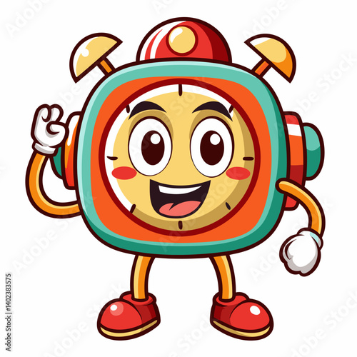 Groovy retro alarm clock cartoon character vector 