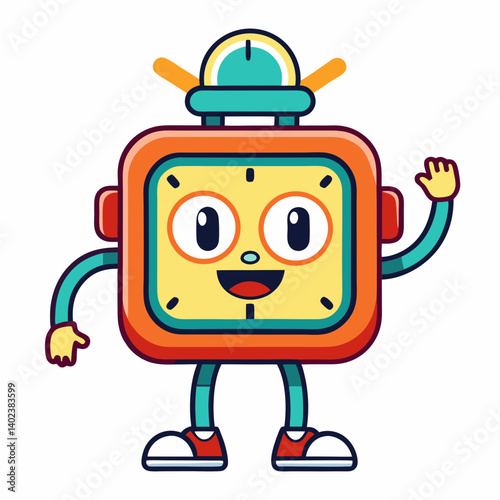 Groovy retro alarm clock cartoon character vector 