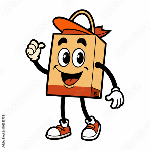 Groovy retro grocery bag character cartoon vector fun whimsical eco friendly shopping bag groceries food organic