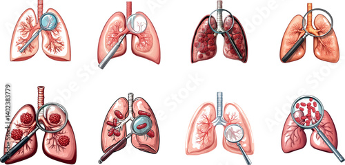 Illustrations of Lungs Showing Health, Disease, and Examination With Magnifying Glass