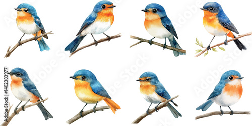 Colorful Bird Illustrations Showing Different Poses and Angles of a Bluebird on Branches photo