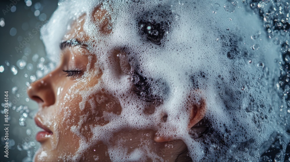 Fototapeta premium A close-up of a woman's face is enveloped in bubbles, creating a dreamy and ethereal effect. The soft focus and textures evoke a sense of relaxation and tranquility.