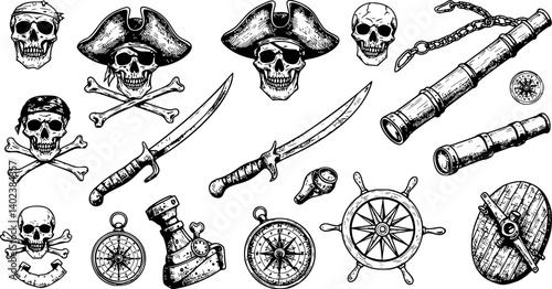 Pirate object vector tattoo by hand drawing. Beautiful picture on white background. Black and white graphics design art highly detailed in line art style