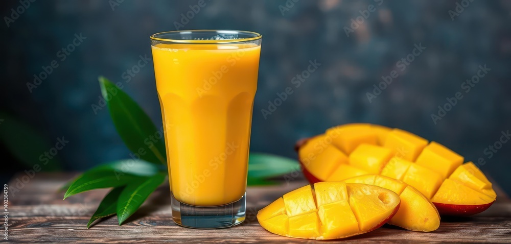 Thick, vibrant mango smoothie in a glass, fresh mango slices beside, healthy eating, organic