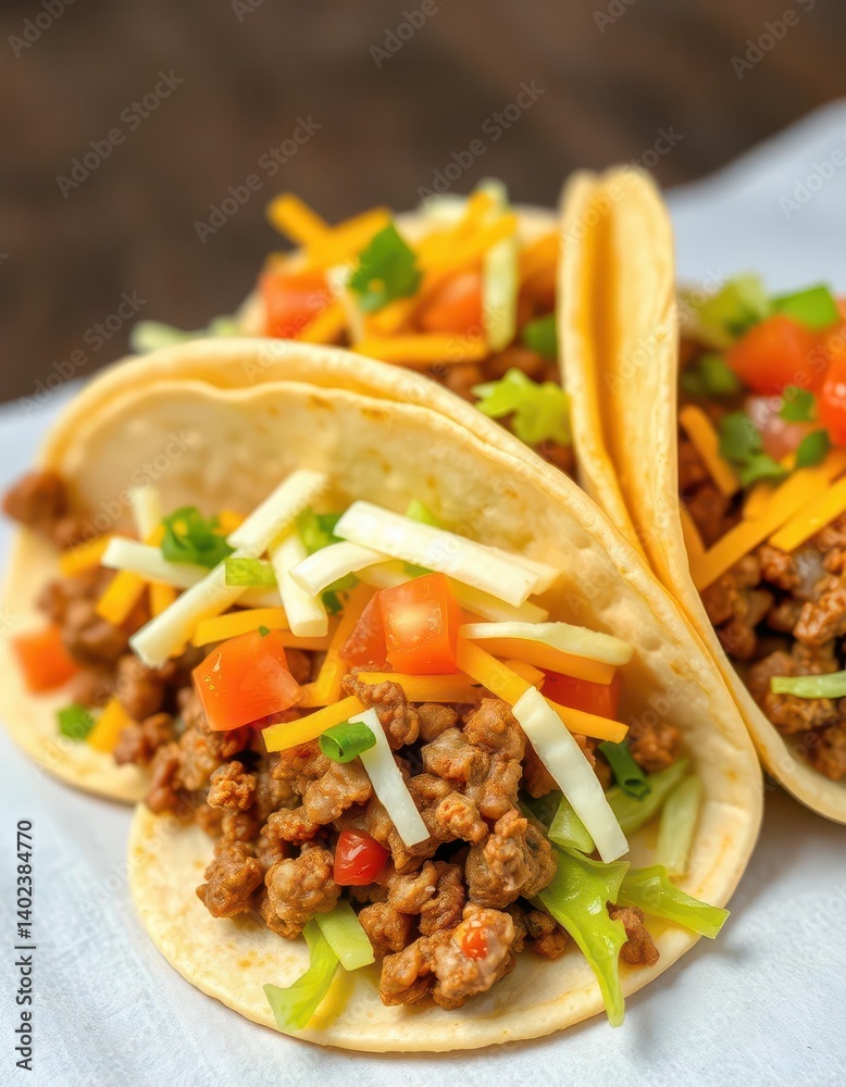 Three soft tacos filled with seasoned ground beef, shredded lettuce, cheddar cheese, and sliced tomatoes, beef tacos, lunch