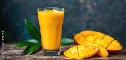 Obraz na płótnie Thick, vibrant mango smoothie in a glass, fresh mango slices beside, healthy eating, organic w salonie