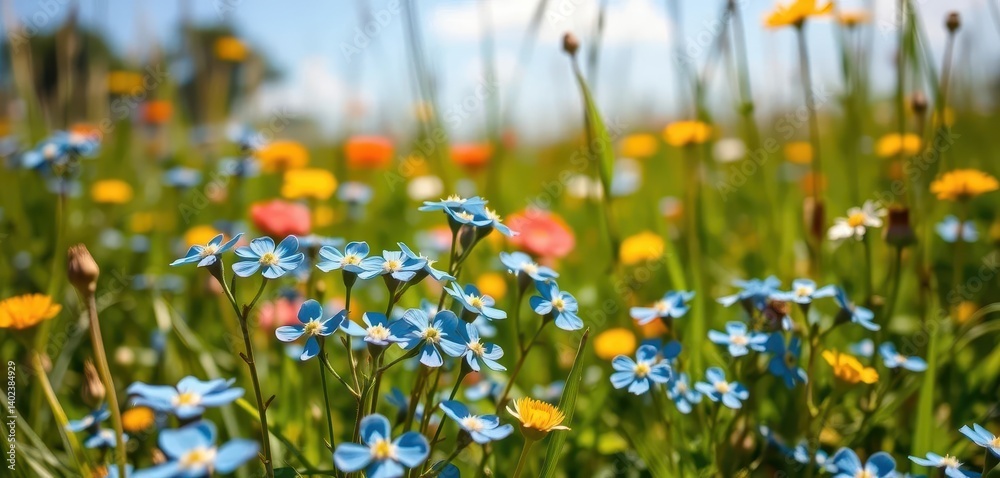 Vibrant blue forget-me-nots bloom in a sun-drenched wildflower meadow, field, color, botany