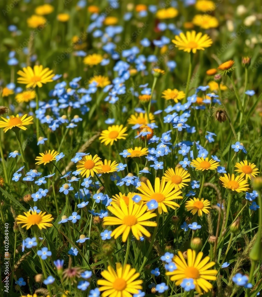 Vibrant blue forget-me-nots scattered amongst sunny meadow wildflowers, sunshine, botany