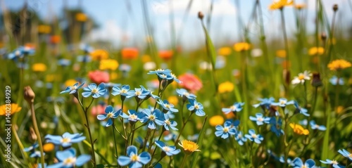 Obraz na płótnie Vibrant blue forget-me-nots bloom in a sun-drenched wildflower meadow, field, color, botany w salonie