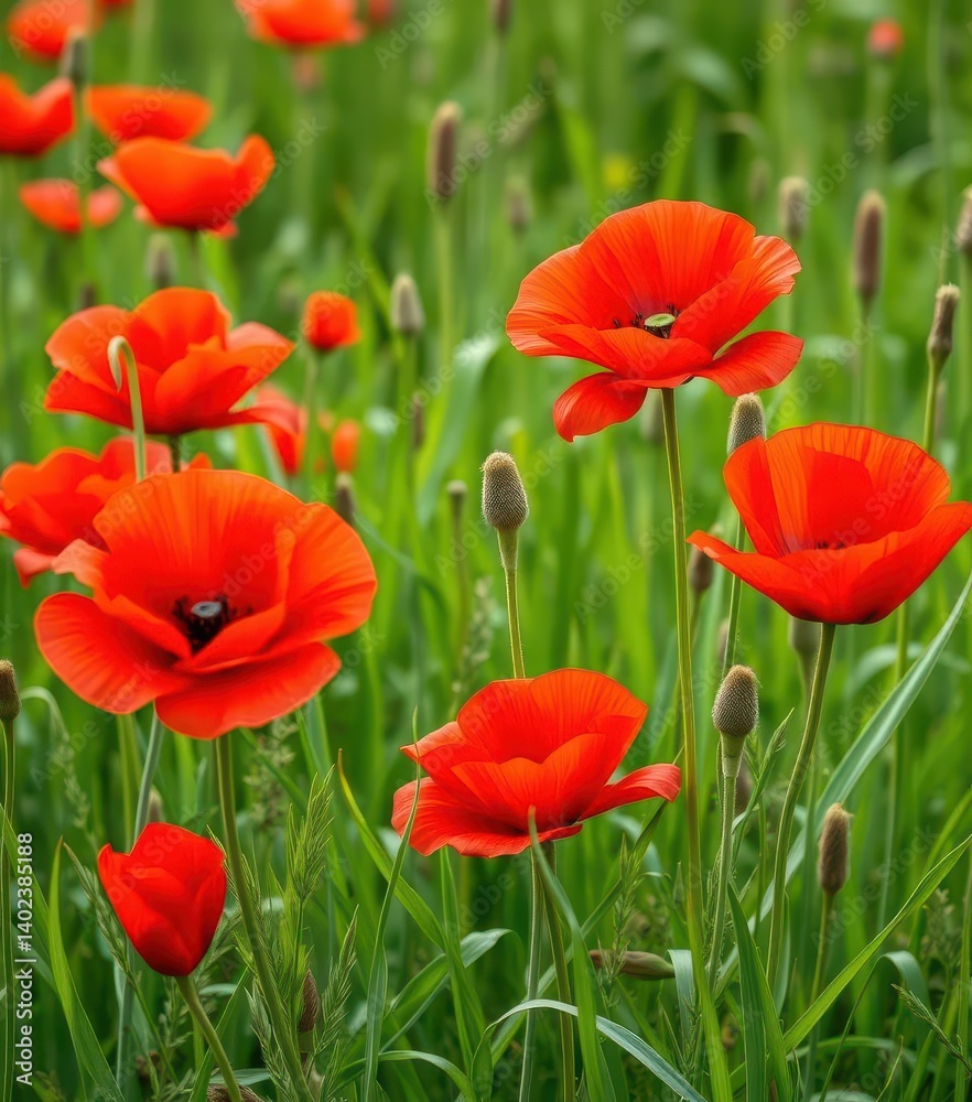 Vibrant red poppies bloom amidst lush green spring meadow grass, macro, opium poppy, bloom