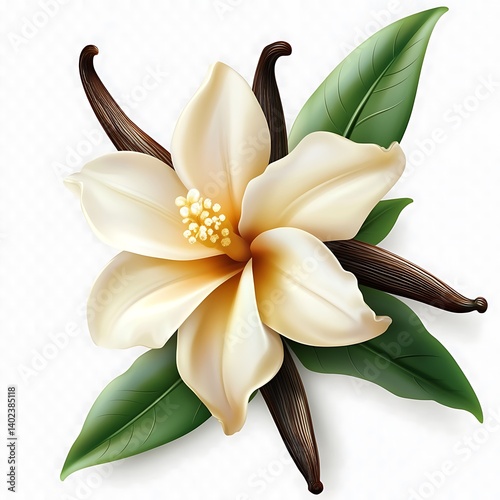 A Delicate Vanilla Flower with Pods and Leaves Isolated on White Background photo