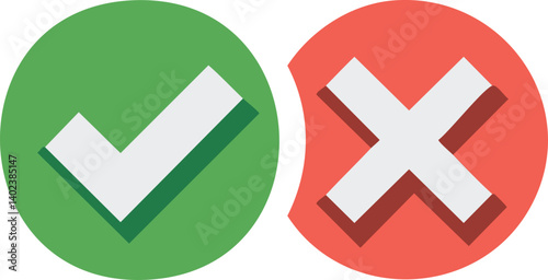Vector 2D Icons of Checkmark and Cross Symbols in Green and Red Circles with Flat Minimalist Design