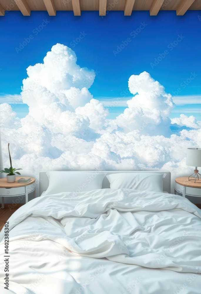White bed, fluffy cloudscape backdrop, dreamy bedroom scene, sheets, heaven, whisper