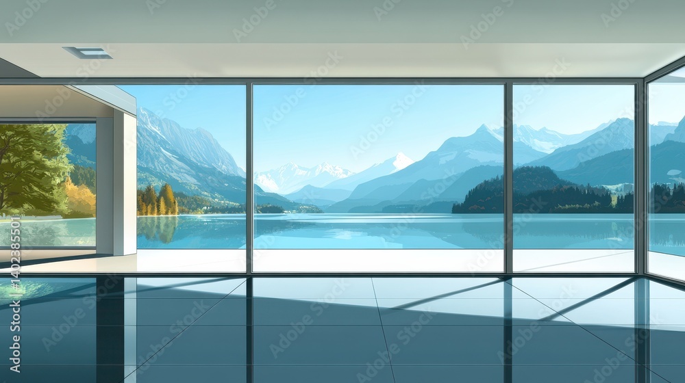 Fototapeta premium Contemporary minimalist apartment with large windows overlooking a lake and mountains illustration