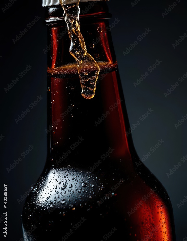 A dark amber beer bottle, condensation clinging, bubbles rising from the neck, bubbles, lager