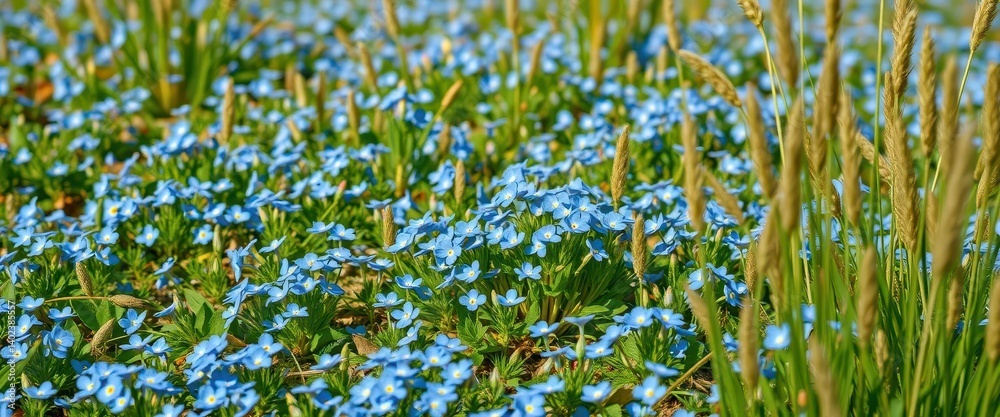 A carpet of blue forget-me-nots and scorpion grasses blossoms in the spring, peaceful, detail