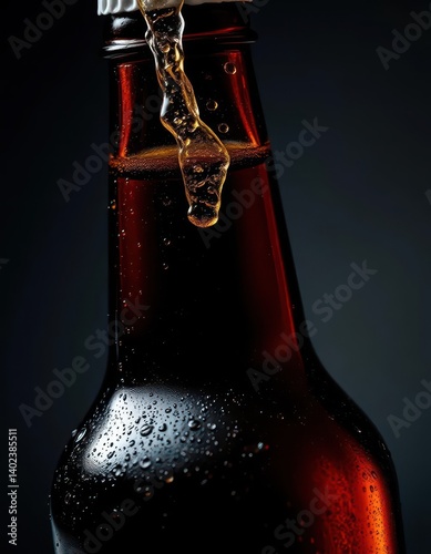 A dark amber beer bottle, condensation clinging, bubbles rising from the neck, bubbles, lager