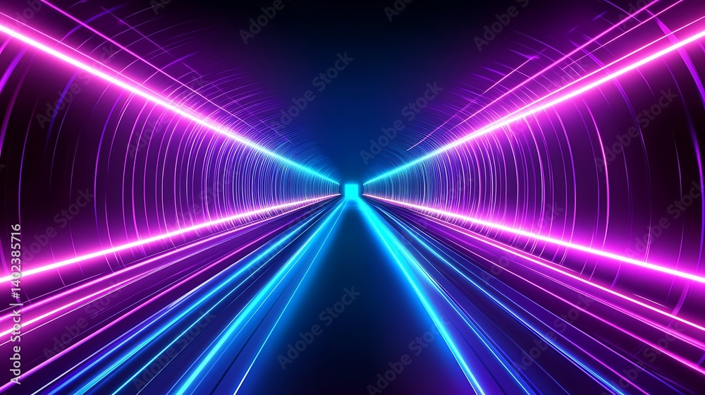 Fototapeta premium Vibrant neon tunnel with glowing blue and pink lights creating a dynamic visual effect