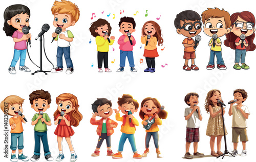 Kids Singing and Performing Together at a Fun Gathering, Showcasing Vibrant Illustrations