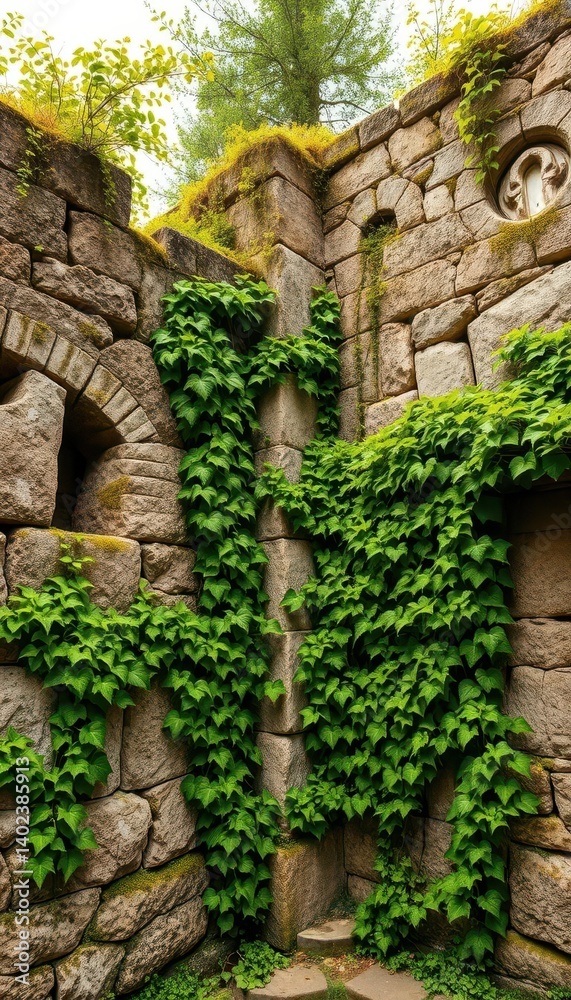 Ancient weathered green stone walls, heavily overgrown with lush vibrant vines, aged, emerald