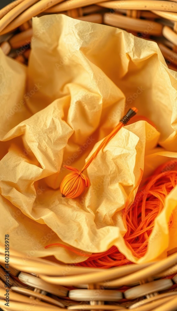 A single saffron thread, fragile and orange, rests on crumpled tissue within an antique woven basket, organic, background