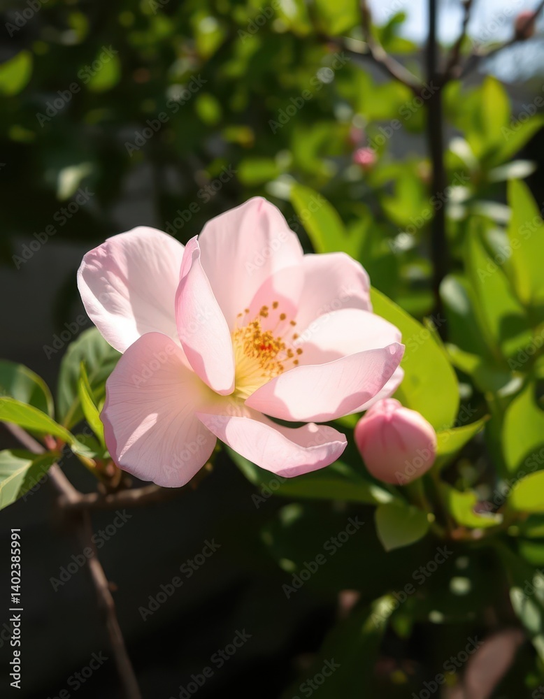 A single, pale pink blossom unfolds in a secluded garden nook, sunlight dappling petals, macro, botany