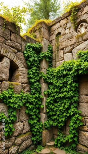 Obraz na płótnie Ancient weathered green stone walls, heavily overgrown with lush vibrant vines, aged, emerald w salonie