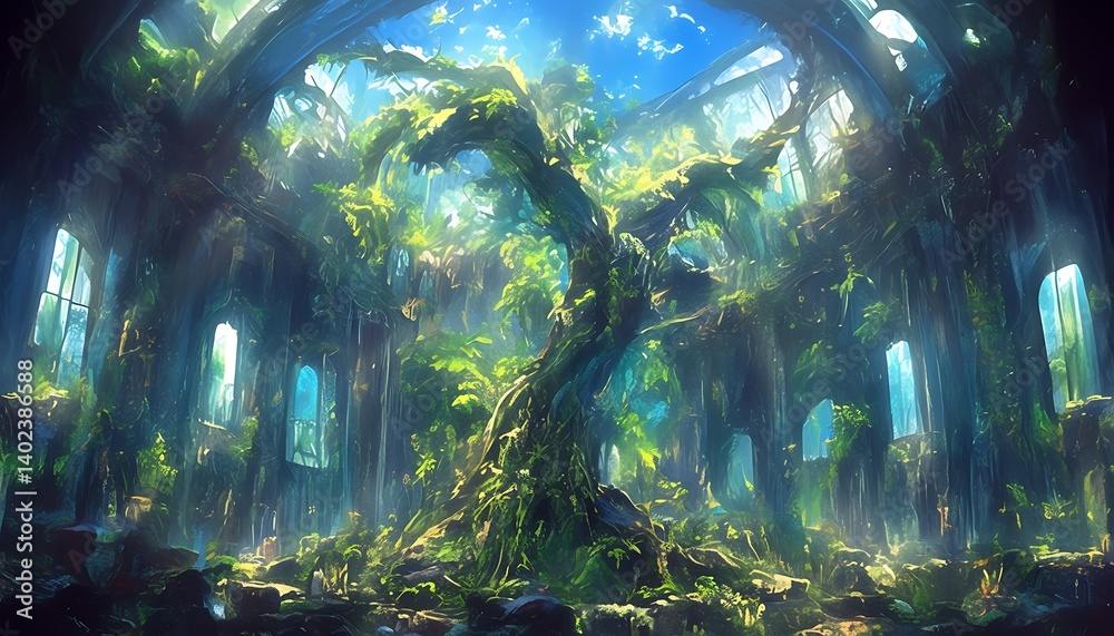 Lush Tree in Ruined Hall