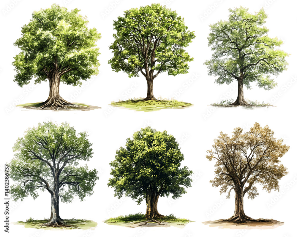 Fototapeta premium Seasonal Tree Illustrations: Green to Autumnal Foliage Changes, PNG