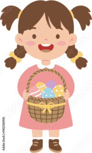 A cute little girl happily holding a basket filled with colorful Easter eggs.
