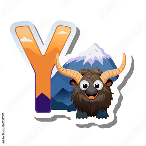 Letter Y with yak and snowy mountains in cartoon wildlife style