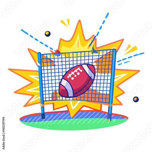 American football crashing into goal net with comic effect
