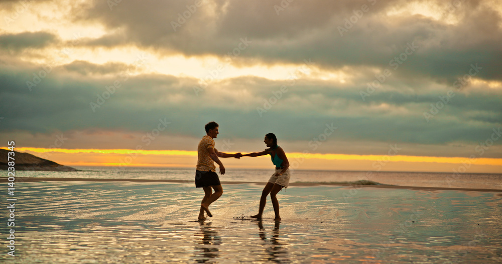 Fototapeta premium Couple, holding hands and playful fun on beach of travel date, sunset and bonding of summer holiday. People, walk and romance for vacation trip, tropical island and relationship commitment of getaway
