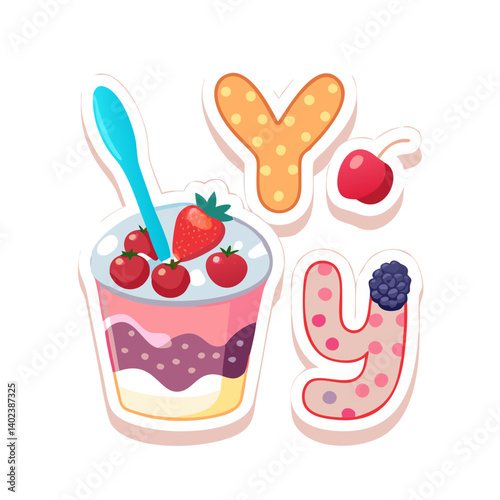 Letter Y with yogurt parfait and berry fruits in food style