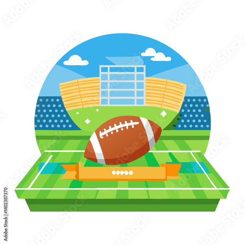 American football field with ball and stadium background