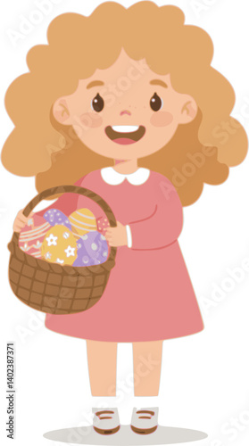 A cute little girl happily holding a basket filled with colorful Easter eggs.
