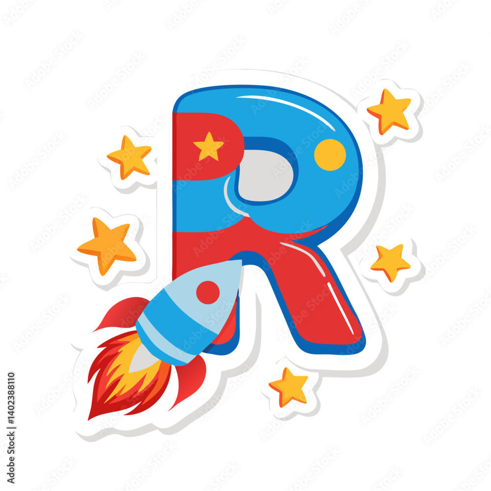 Letter R with rocket and orange stars in fantasy cartoon space theme Letter R with rocket and orange stars in fantasy cartoon space theme