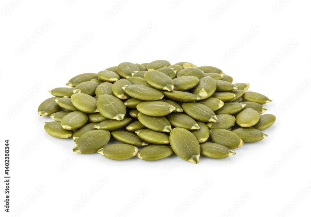A pile of green pumpkin seeds displayed in a close up photograph isolated on white background
