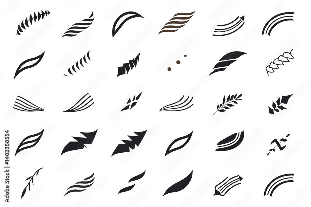 Collection of various abstract black and white leaf and foliage vector graphic elements set on black on transparent background png Collection of various abstract black and white leaf and foliage vector graphic elements set on black on transparent background png