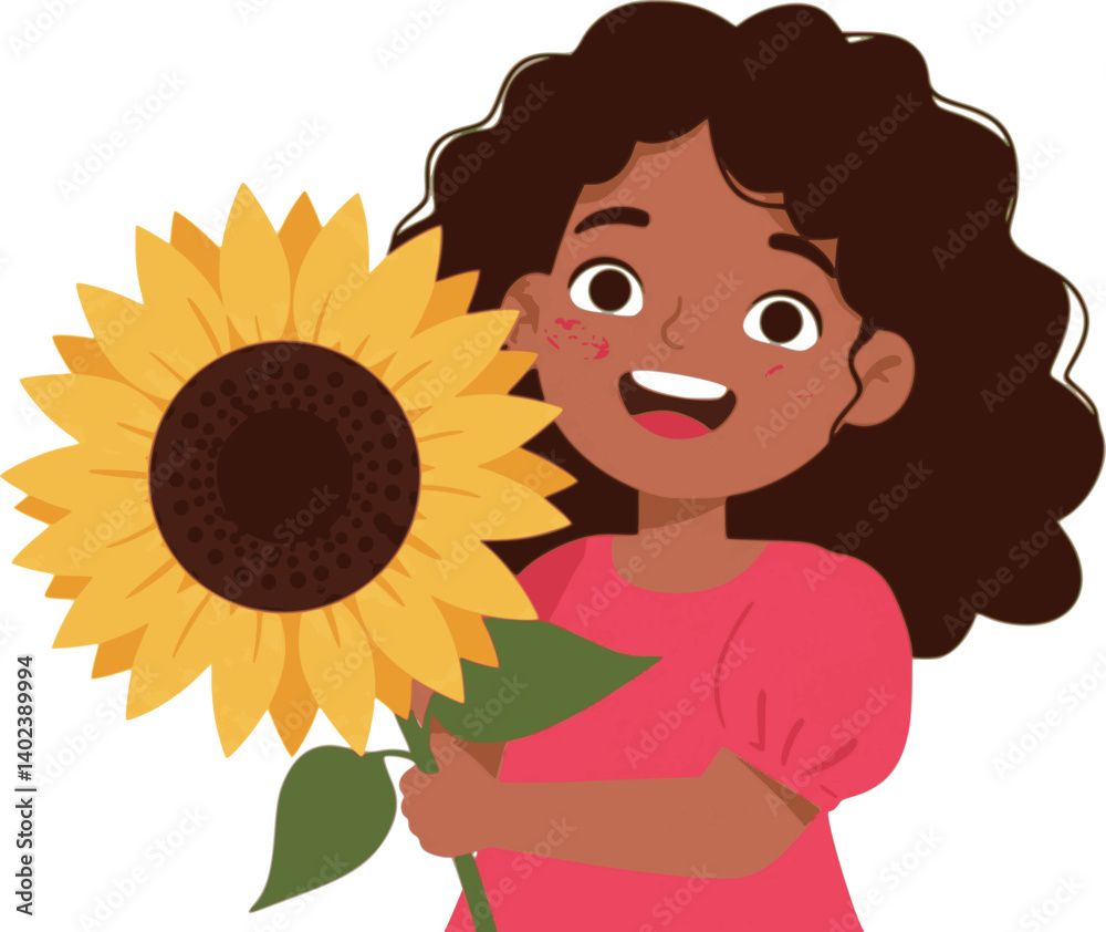 Cheerful Girl Holding a Sunflower. Cute vector cartoon illustration for International Flower Day on white background. Cheerful Girl Holding a Sunflower. Cute vector cartoon illustration for International Flower Day on white background.