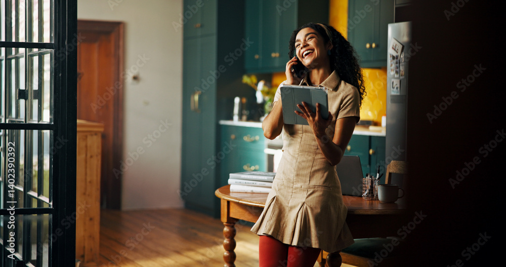 Phone call, remote work and tablet with happy woman in kitchen of home for small business planning or research. App, laughing and startup with freelancer in apartment for professional development Phone call, remote work and tablet with happy woman in kitchen of home for small business planning or research. App, laughing and startup with freelancer in apartment for professional development