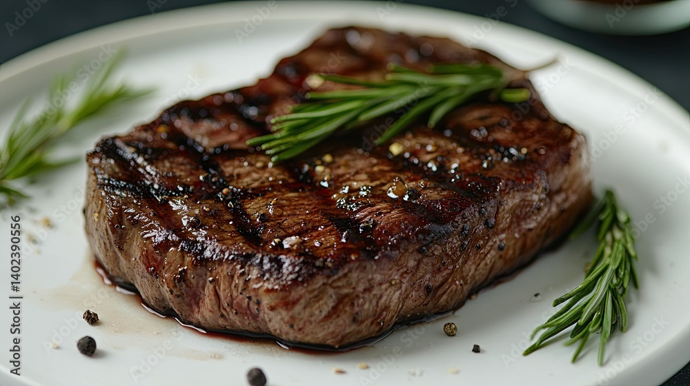 Grilled steak with rosemary char and fire on a white plate. - Grilled steak with rosemary char and fire on a white plate. -