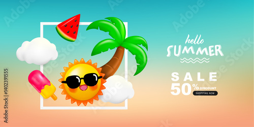 Summer sale with 50% off discount text for business flyers, ads and brochure lay out. Vector illustration summer banner promotion design.