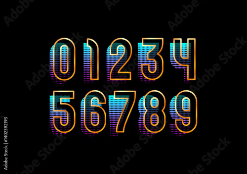 Golden numbers, gold numerals set made in halftone style