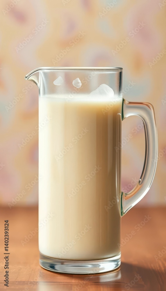 A tall glass pitcher filled to the brim with fresh, cold milk, dairy, beverage A tall glass pitcher filled to the brim with fresh, cold milk, dairy, beverage