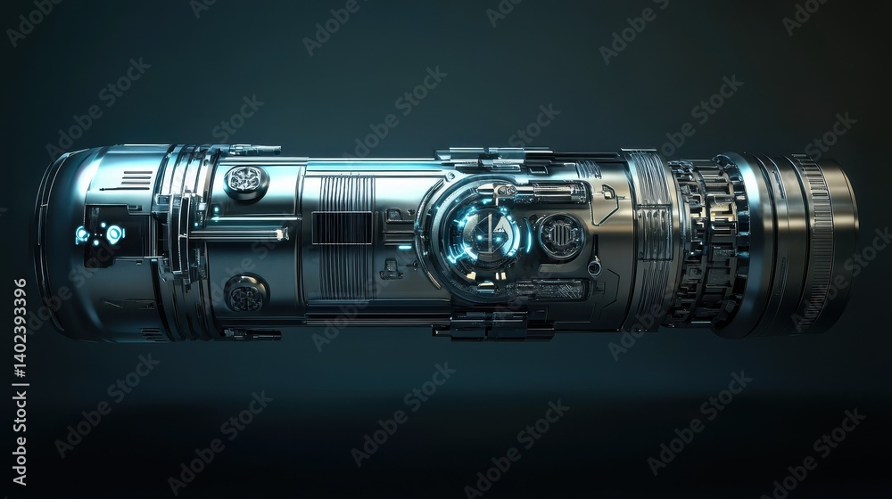 Chrome futuristic cylindrical device with mechanical details illustration Chrome futuristic cylindrical device with mechanical details illustration