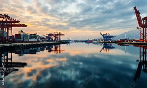 A peaceful moment at Incheon Port, with empty docks reflecting the still waters and a calm atmosphere before the busy day starts