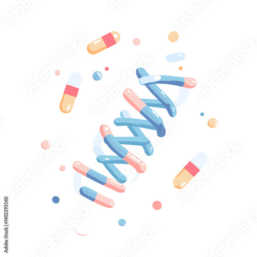 Abstract Pastel Illustration of DNA Helix Surrounded by Pills