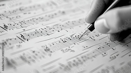 Hands writing musical notes on sheet music. 